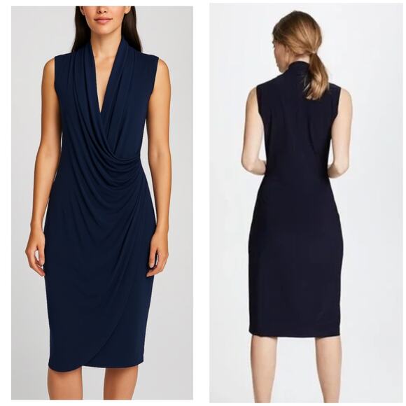 Norma Kamali Dresses & Skirts - Norma Kamali Black Draped Surplice Midi Dress M Sleeveless Stretch Bodycon